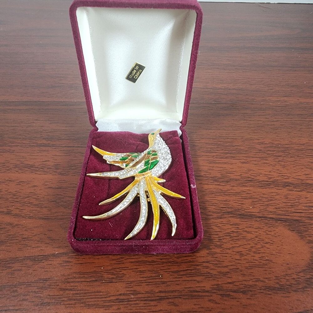 Vintage Gold-Plated Metal Emerald Green Eye with Red & Green Bird Brooch